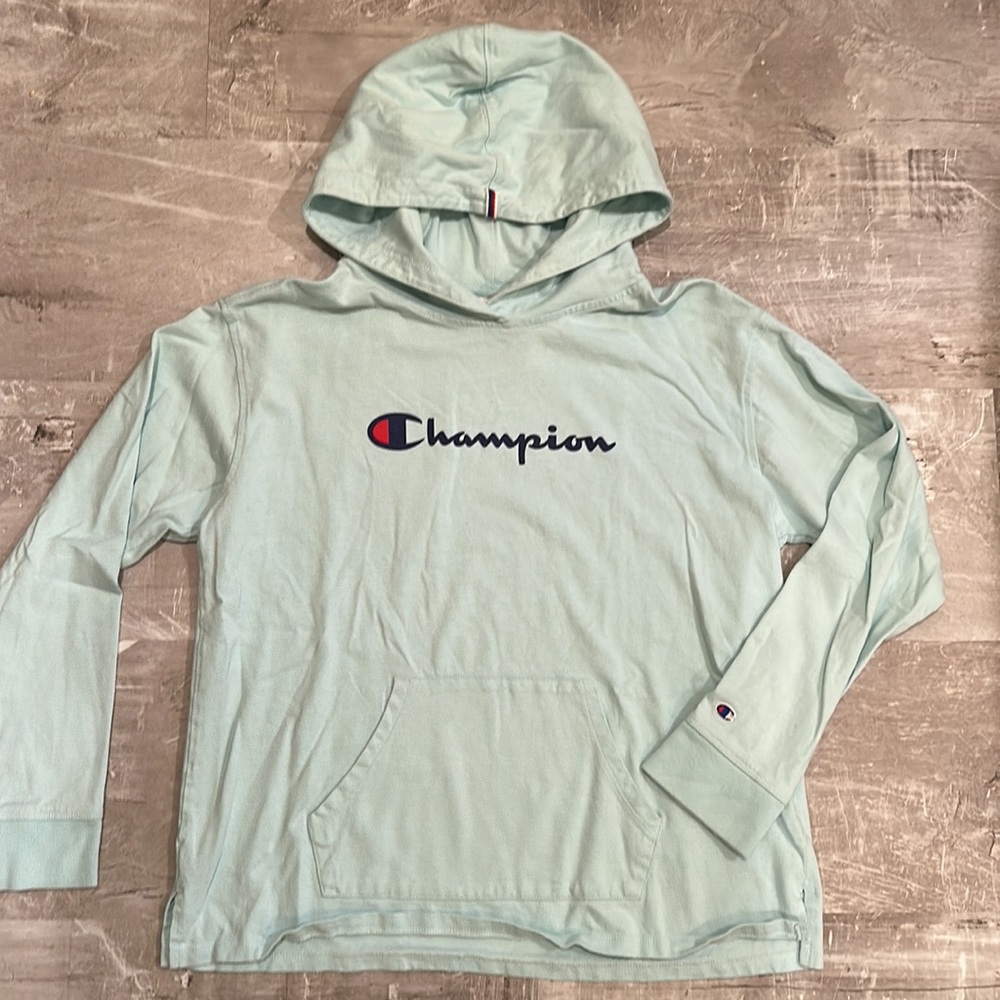 Champion Midweight Jersey Long Sleeve Hoodie Script Logo Sz L